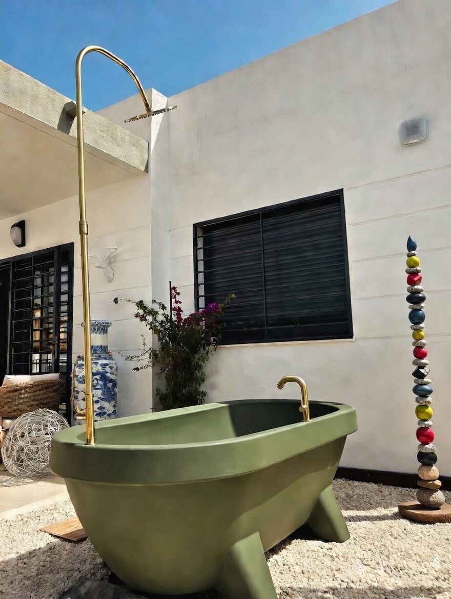 Bañera-jardín de color verde oliva con accesorios dorados en un jardín español